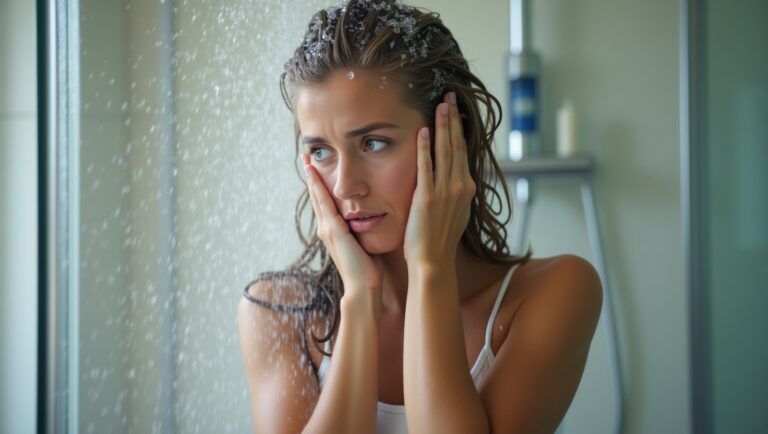Ai-generated image why is my hair falling out in the shower? The lady is worried about it.