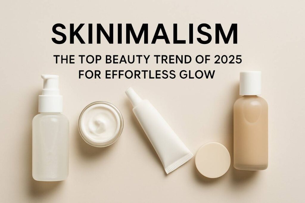 Minimalist skincare products arranged on a beige background, promoting the 2025 beauty trend 'Skinimalism' for a natural, effortless glow.