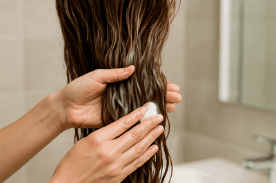 Close-up of hands gently applying a creamy hair mask to long, damp, wavy hair in a softly lit bathroom setting with neutral tile background
