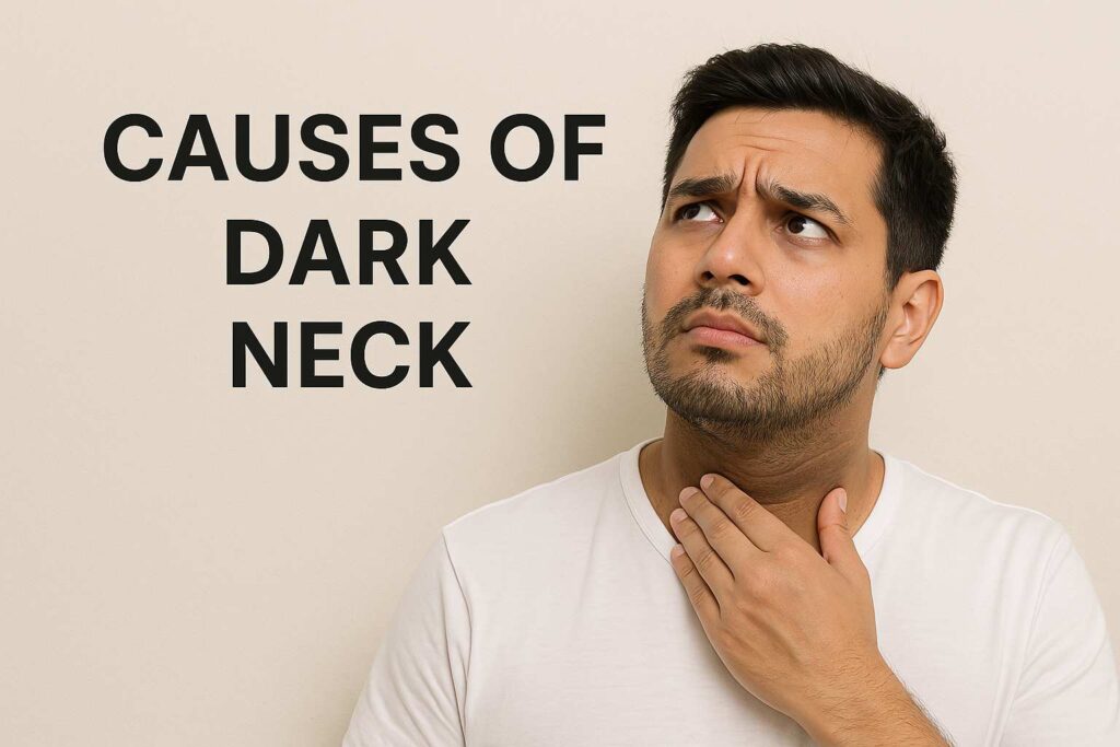 Dark neck causes and natural treatments infographic.
