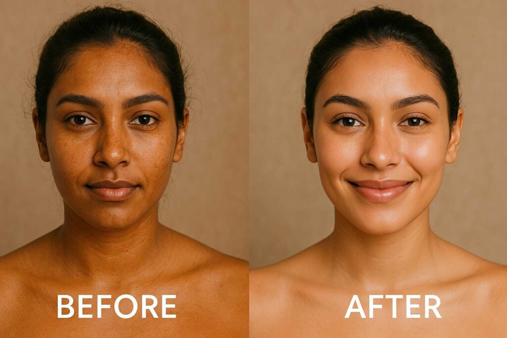 Before and after comparison of a woman’s face showing tan removal results, with the left side tanned and the right side glowing and smooth.
