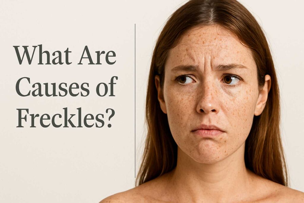With a light background, there is text overlay of what the causes of freckles are, and one lady is a little upset with her freckles.