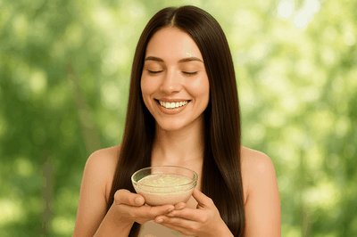 A smiling woman with long, glossy, frizz-free hair holding a bowl of homemade hair mask, standing against a blurred green natural background.