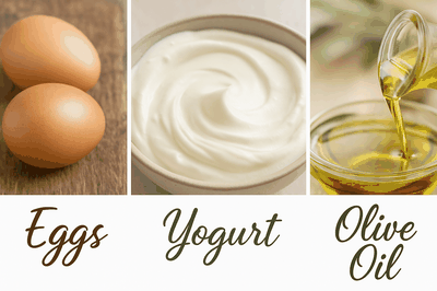 A collage of three natural hair care ingredients—eggs, yogurt, and olive oil—each shown up close and labeled in stylish cursive fonts against a clean, bright background.