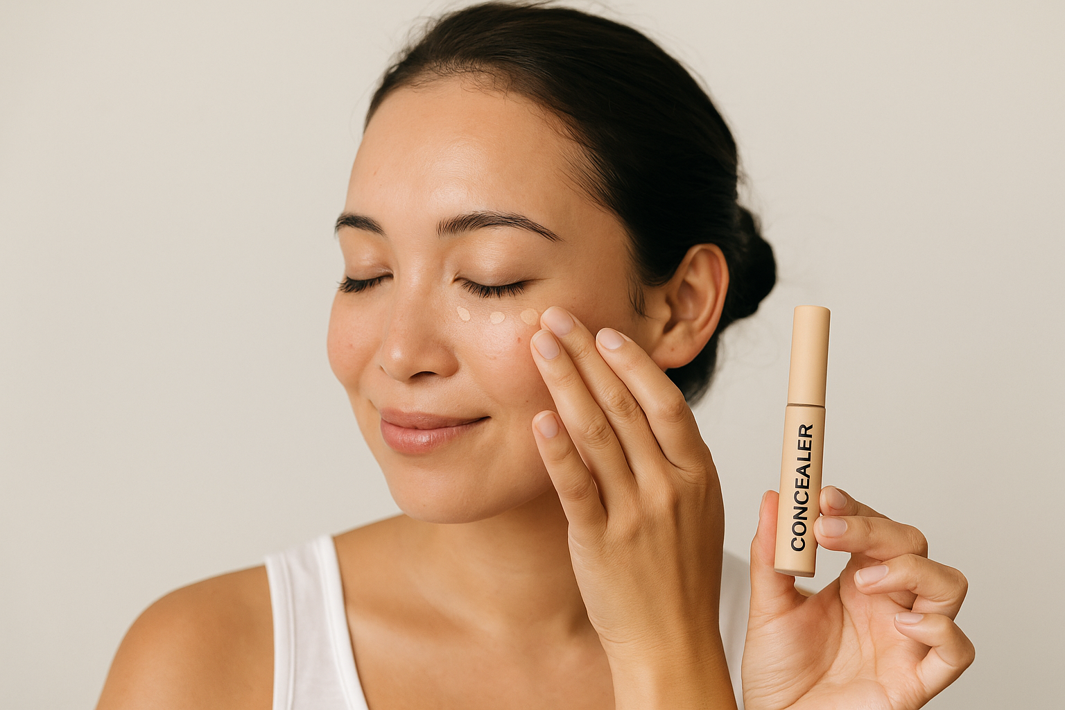 The lady is applying concealer on her face.