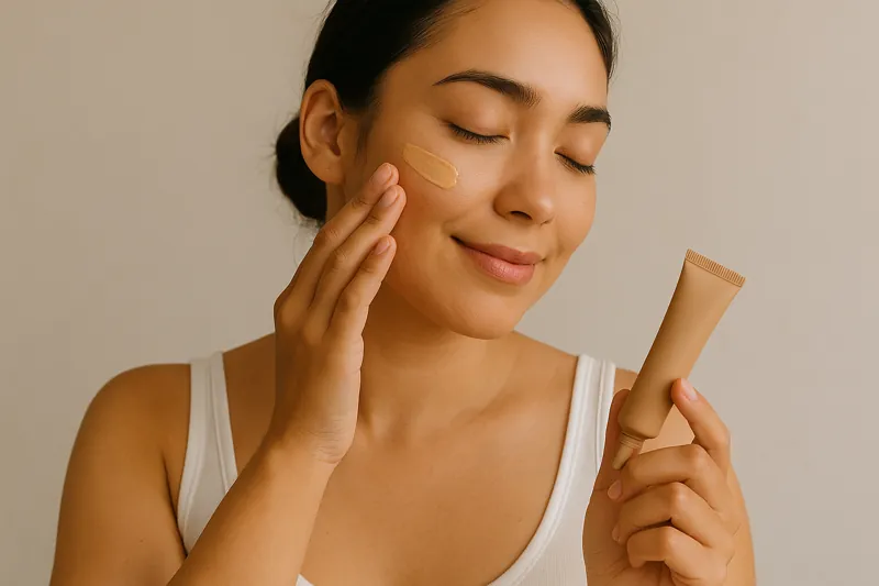 The lady applying BB cream on her face to her everyday makeup routine