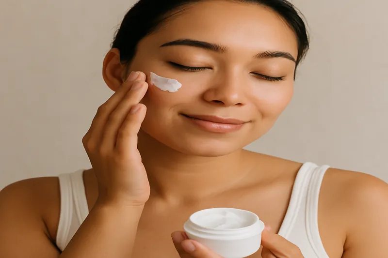 The lady is applying moisturizer on her face to start her everyday makeup routine.