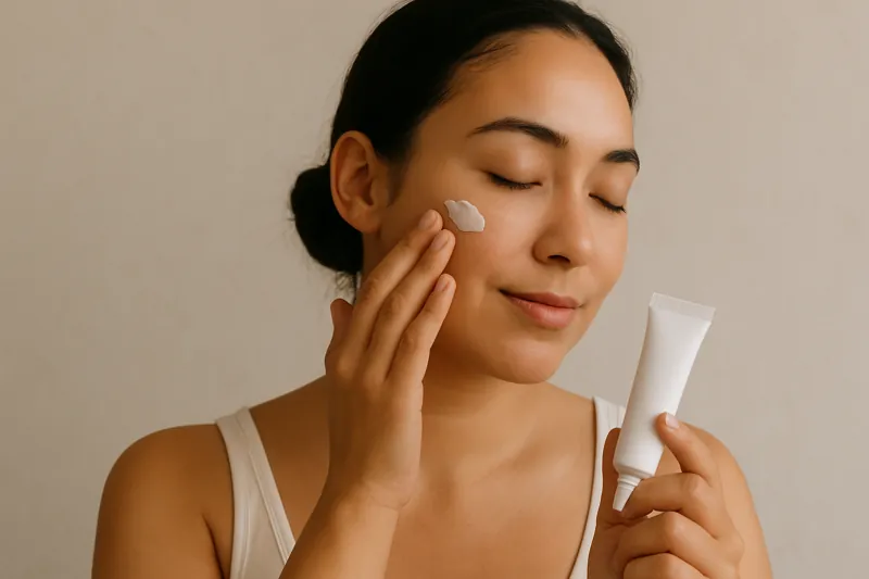 lthe ady applying primer on her face.