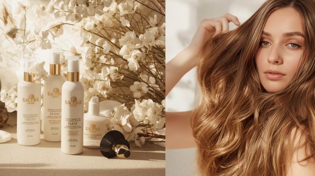 Some hair care products and one lady who is showing her healthy hair.