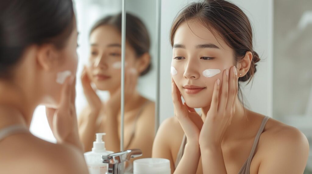 The lady is doing her Korean skincare routine in front of her mirror and applying Korean products.