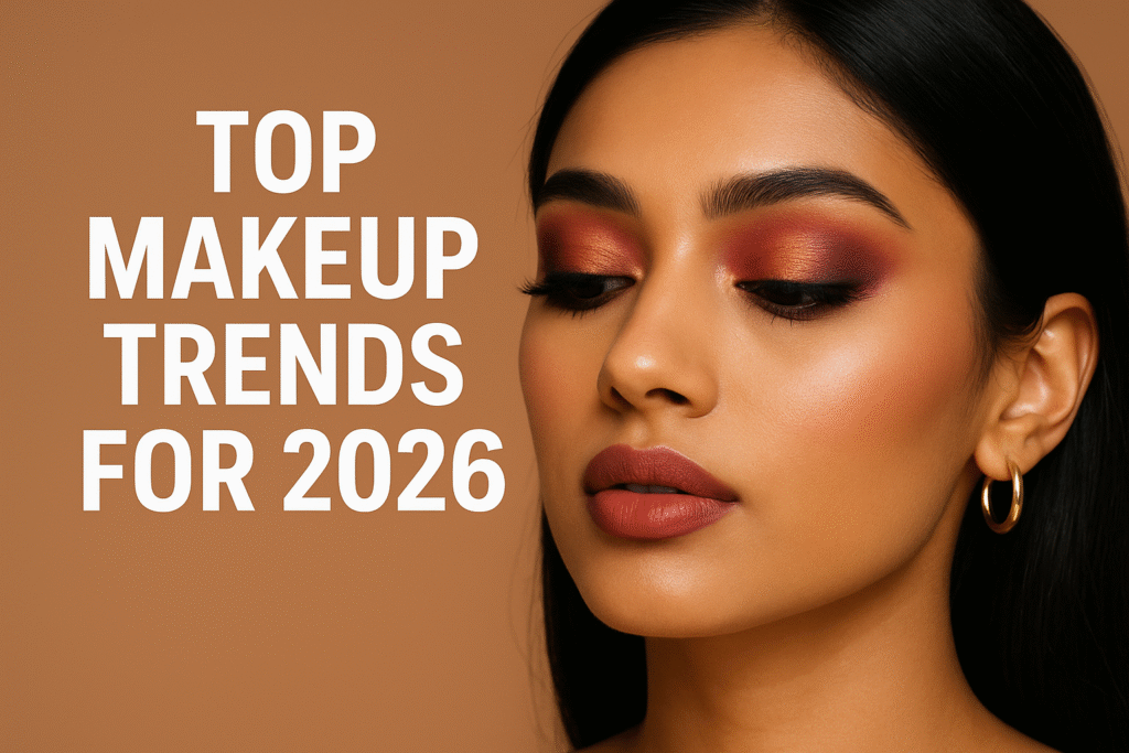 A close-up of a young woman with glamorous makeup, featuring warm-toned eyeshadow, flawless glowing skin, and matte lipstick, with bold white text on the left reading “TOP MAKEUP TRENDS FOR 2026” on a warm brown background.