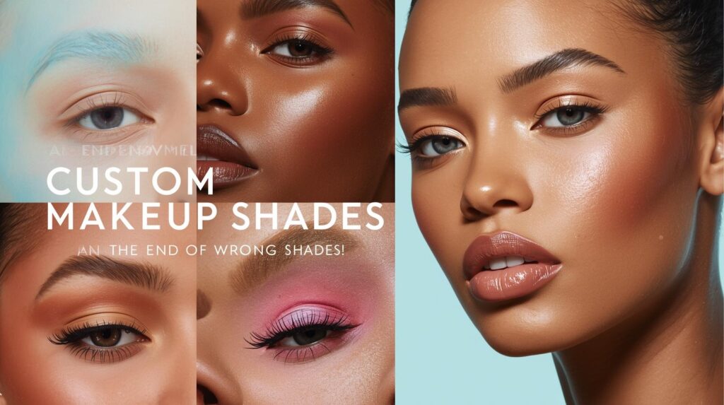 Modern girl showing her makeup trends and text of custom makeup shades.