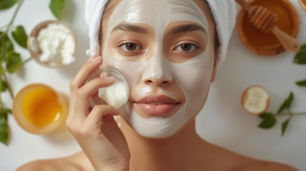 A lady is doing skin care she applied the face mask to get a glass skin.