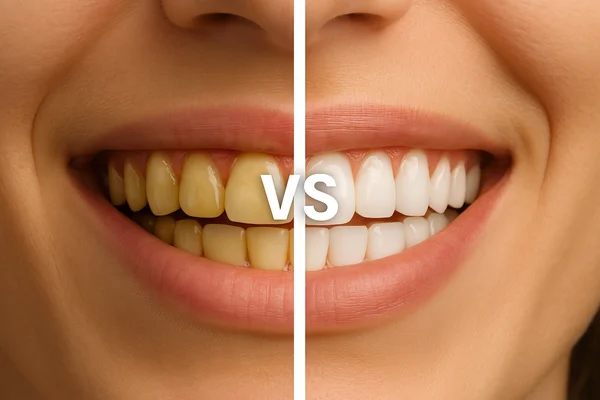 AI-generated image of how to get white teeth at home. harsh teeth vs white teeth