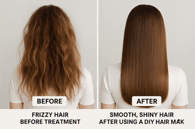 Image of frizzy hair treatment before and after using DIY hair masks .
