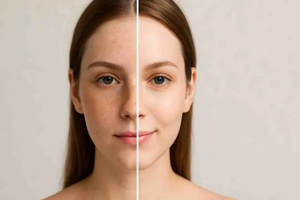 In the light background, on the one lady, one side of her face has visible freckles, and the other side of her face has smooth and clear skin.