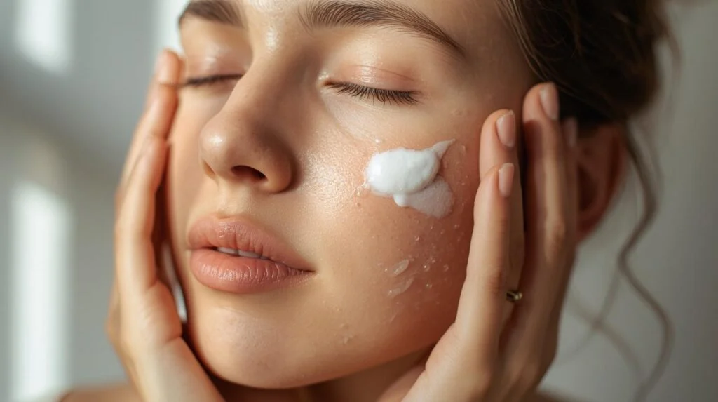 The lady is applying her skincare with a skin care cream on the home page.